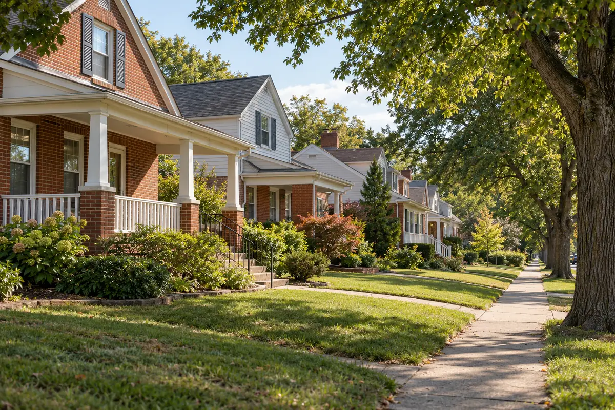Illustrative residential entrance in an established neighborhood